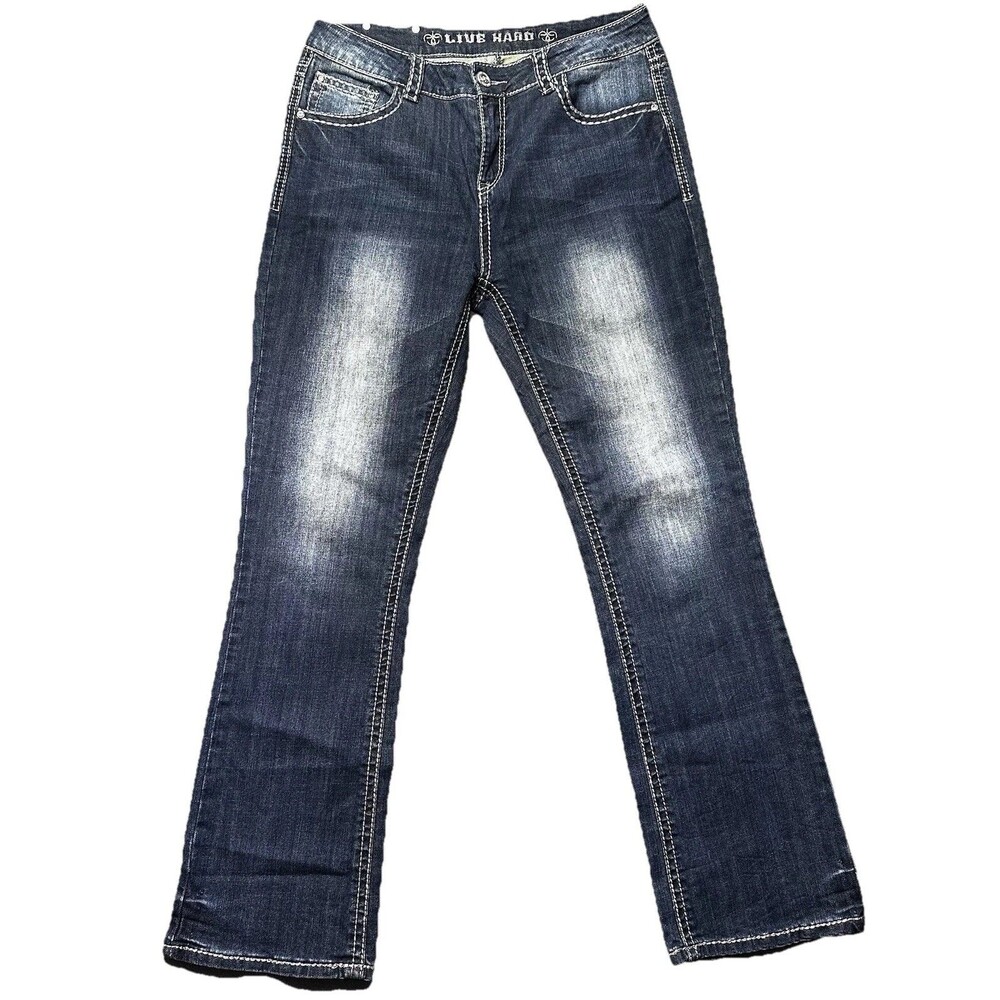 Live Hard Jeans Womens 12 Blue Bootcut Mid Rise Embroidered Pockets Stretch
